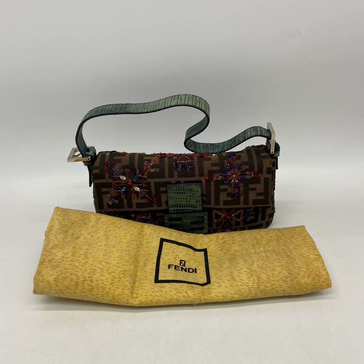 Fendi Baguette Zucca Monogram with Beaded Floral Embroidery
