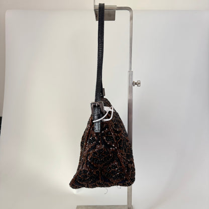 Fendi Mini Mamma Baguette Brown Glitter Beads Floral Embroidery