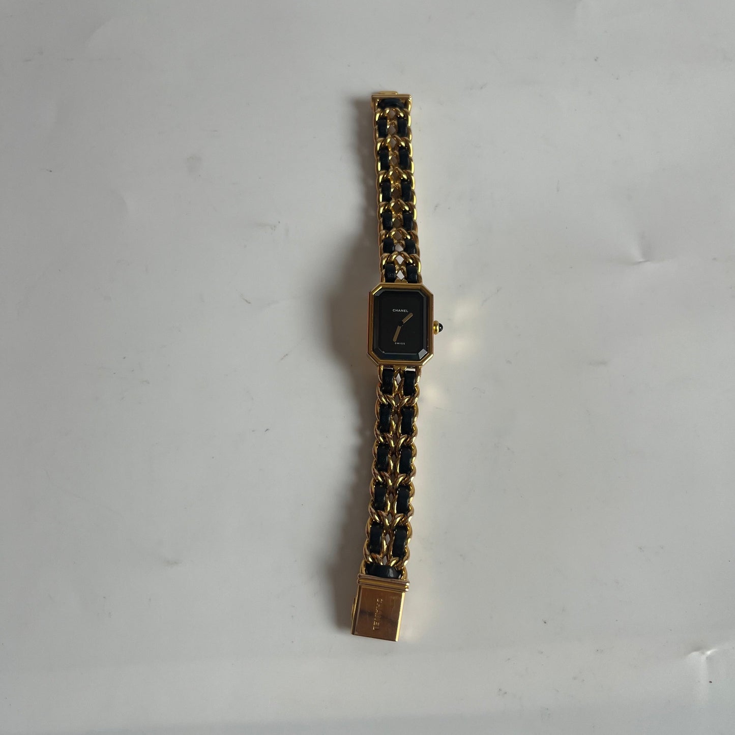 CHANEL 1987 Vintage PREMIERE Watch L Black Leather and 24KT Yellow Gold Plated