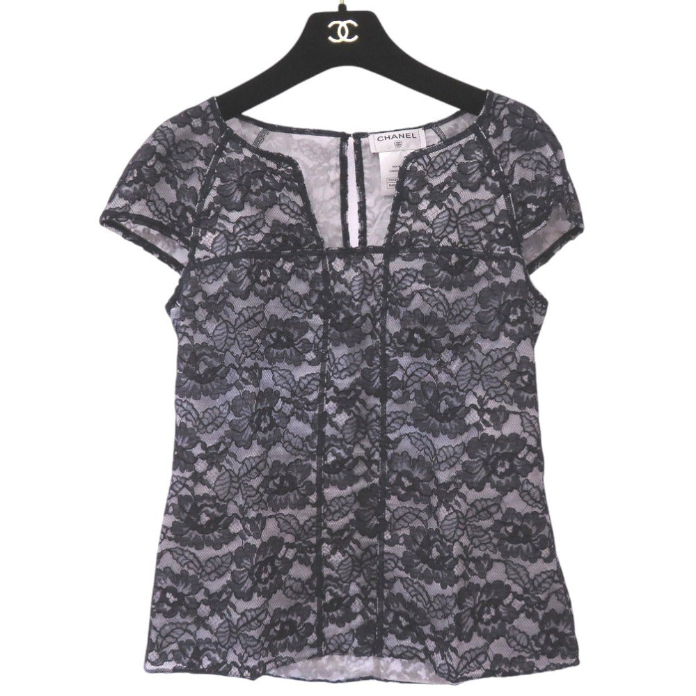 CHANEL blouse P47412W05438 cotton Navy Camellia lace floral short sleeve cut and sew blouse size 36 Women 36