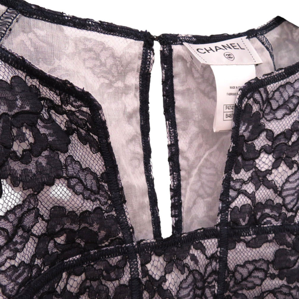 CHANEL blouse P47412W05438 cotton Navy Camellia lace floral short sleeve cut and sew blouse size 36 Women 36