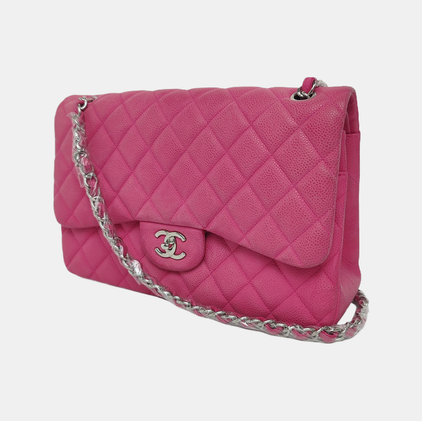 Chanel Classic Flap Jumbo Pink Caviar Leather Double Flap Silver Hardware, 2013-14