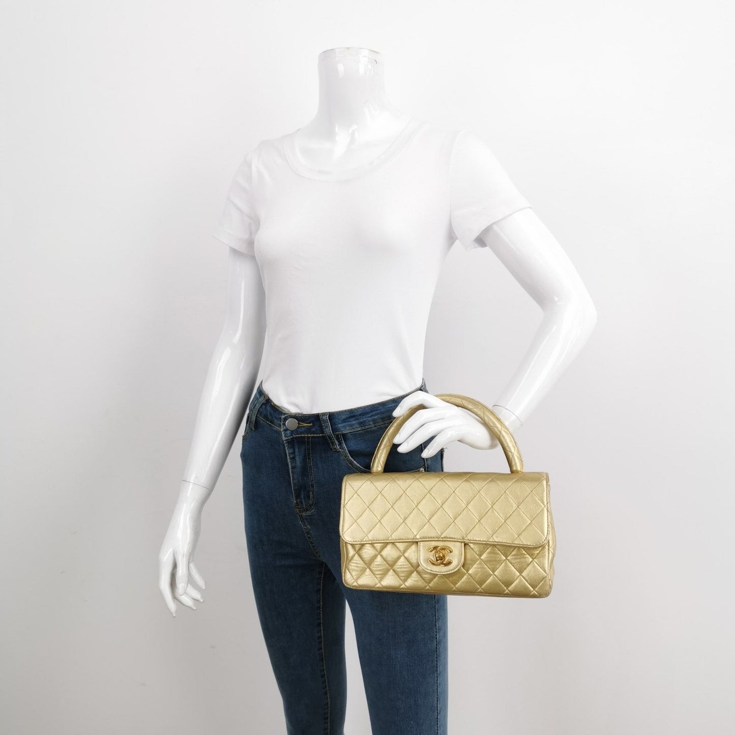 Chanel 1994 Classic Flap Kelly Top Handle Bag Medium Metallic Gold Lambskin Leather