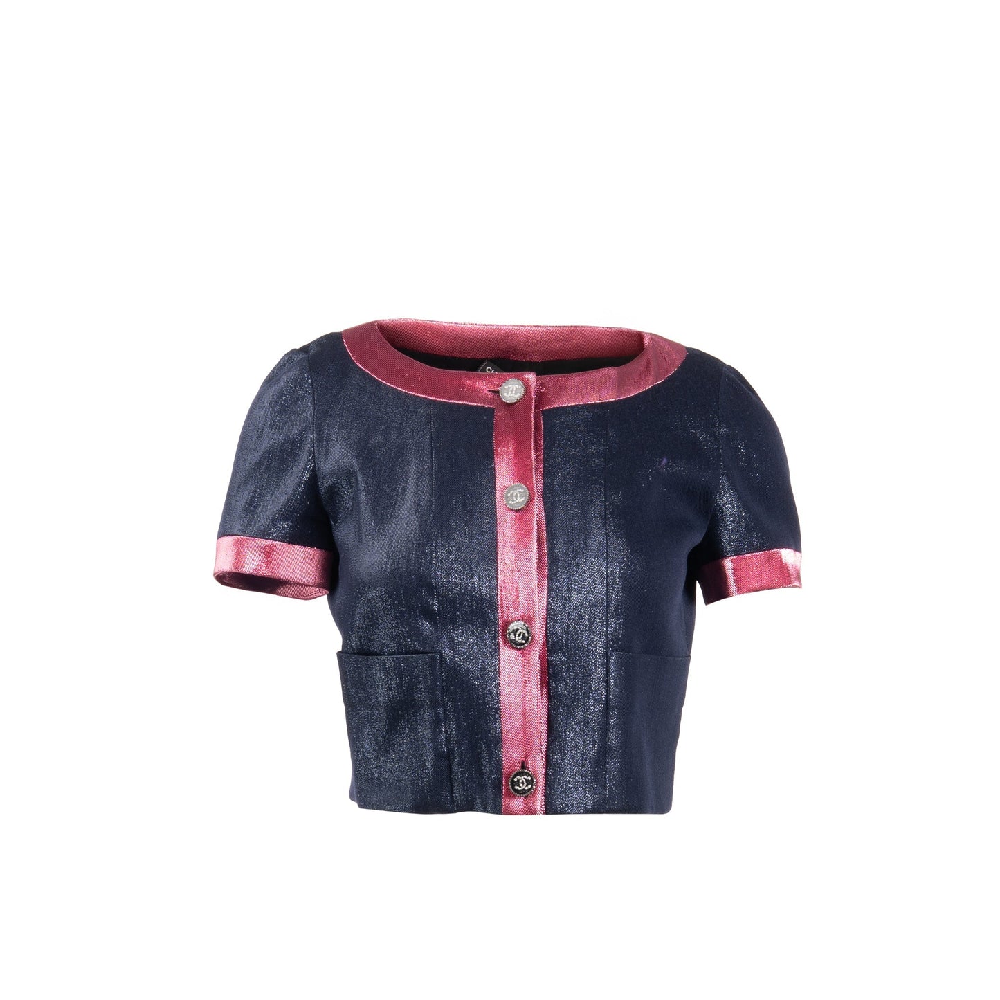 Chanel Size 36 22K CC Button Top Wool/Polyamide Metallic Navy Blue/Pink