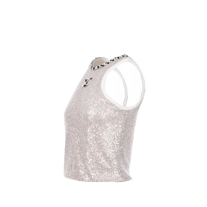 Chanel Size 36 23C Short U-Neck Plain Logo Cropped Tank Polyester/Elastane Silver/White/Black