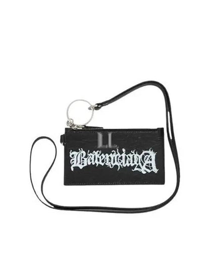 Luxury Balenciaga Trending 2025 Logo Print Neck Strap Leather Card Wallet Black
