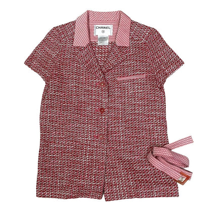 CHANEL tailored jacket Wool, Acrylic, Cotton, Nylon Red COCO Mark logo button Tweed jacket Women 36