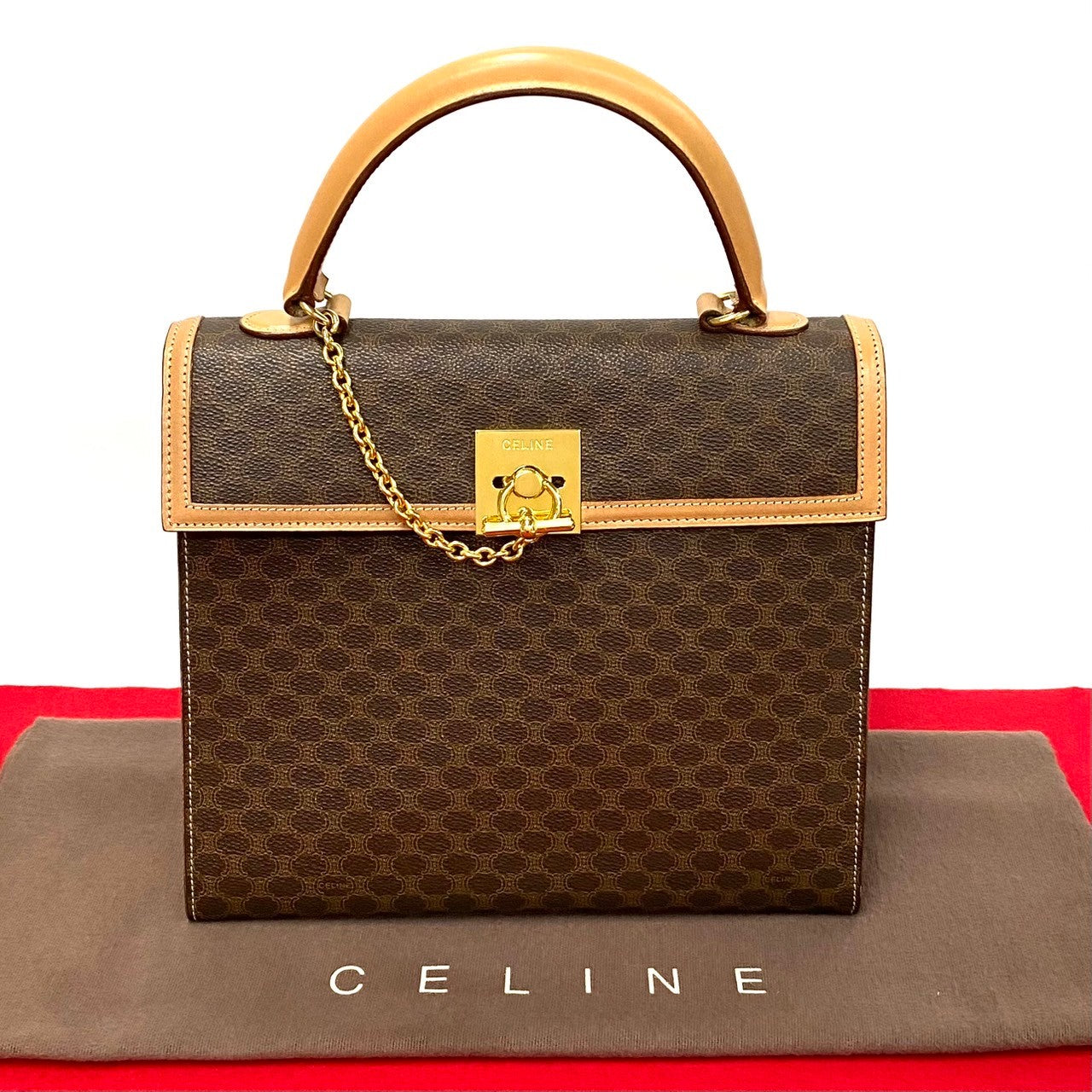 CELINE Handbag Leather, PVC Brown Macadam Blason Triomphe logo ring Metal Women