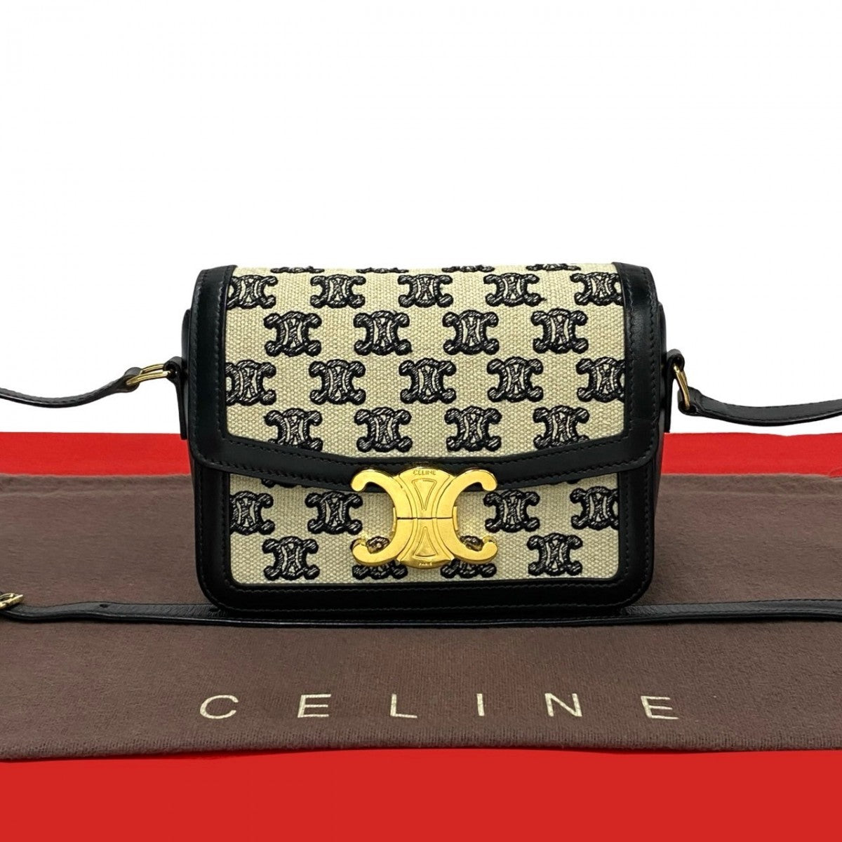 CELINE Shoulder Bag Canvas, Leather black Triomphe logo Metal Teen Triomphe Women