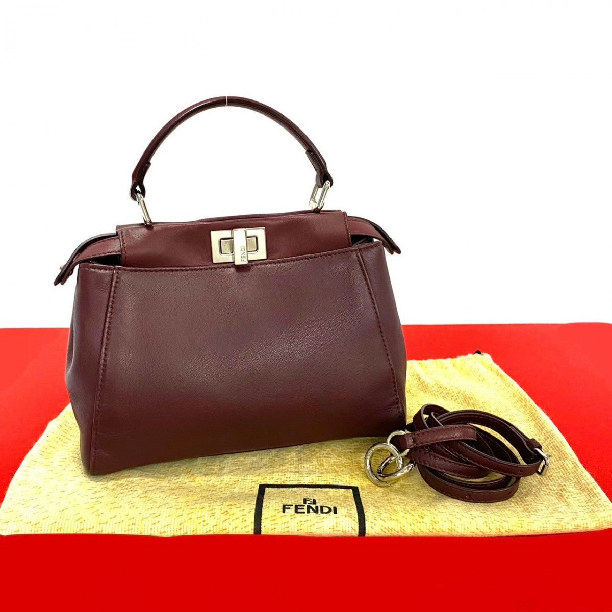 FENDI Shoulder Bag leather wine-red Peek-a-boo mini Women