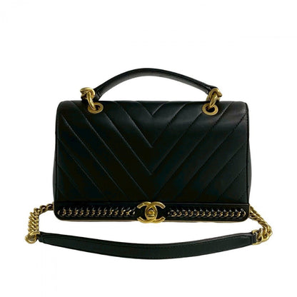 CHANEL Shoulder Bag leather black Vstitch Women
