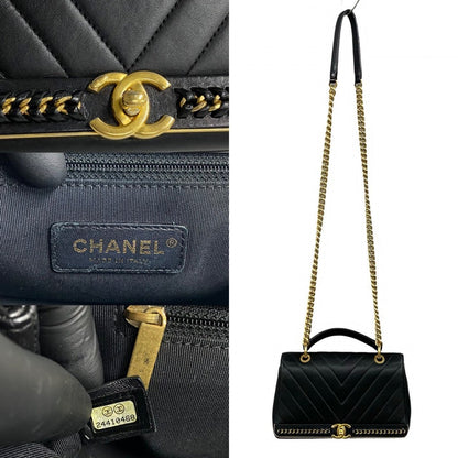 CHANEL Shoulder Bag leather black Vstitch Women