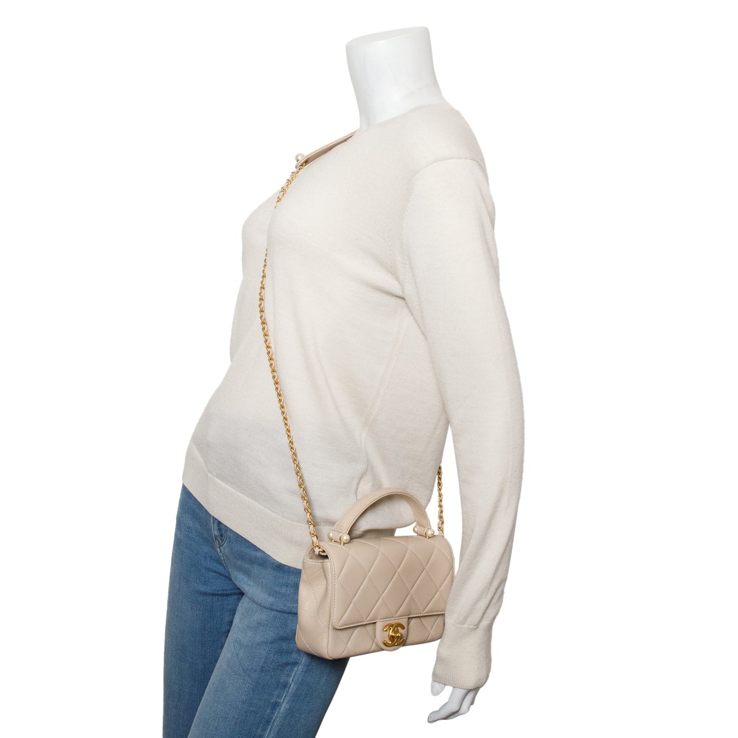 Chanel 2025 Beige Quilted Lambskin Top Handle Flap Pearl Purse