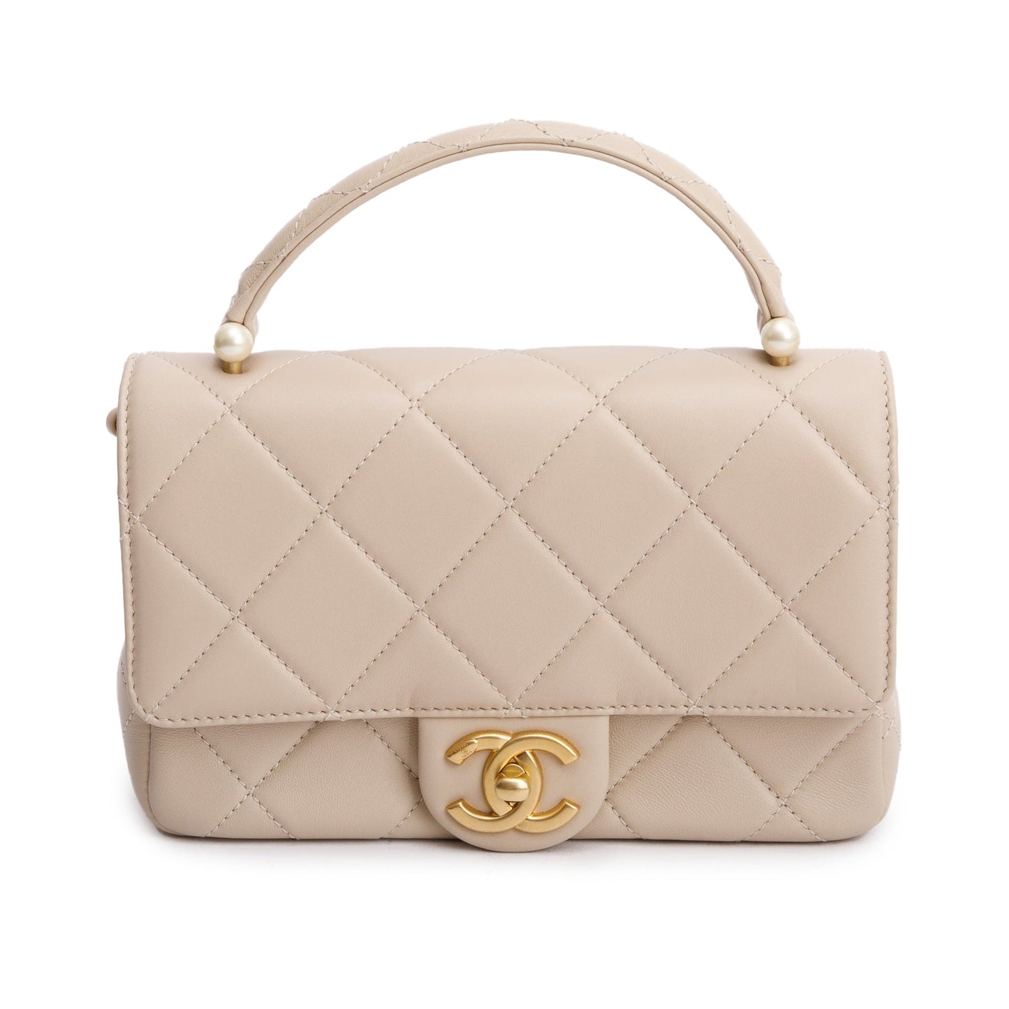 Chanel 2025 Beige Quilted Lambskin Top Handle Flap Pearl Purse