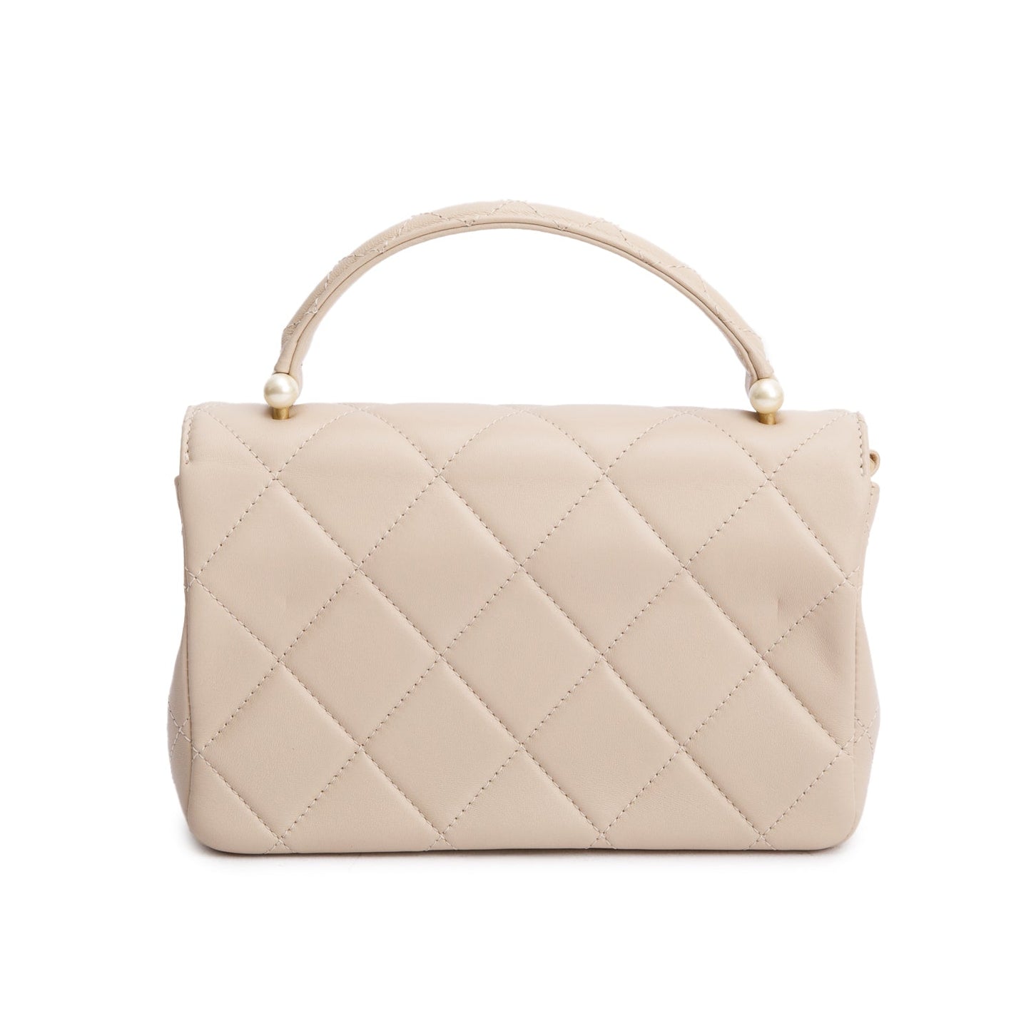 Chanel 2025 Beige Quilted Lambskin Top Handle Flap Pearl Purse