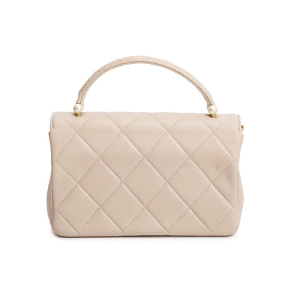 Chanel 2025 Beige Quilted Lambskin Top Handle Flap Pearl Purse