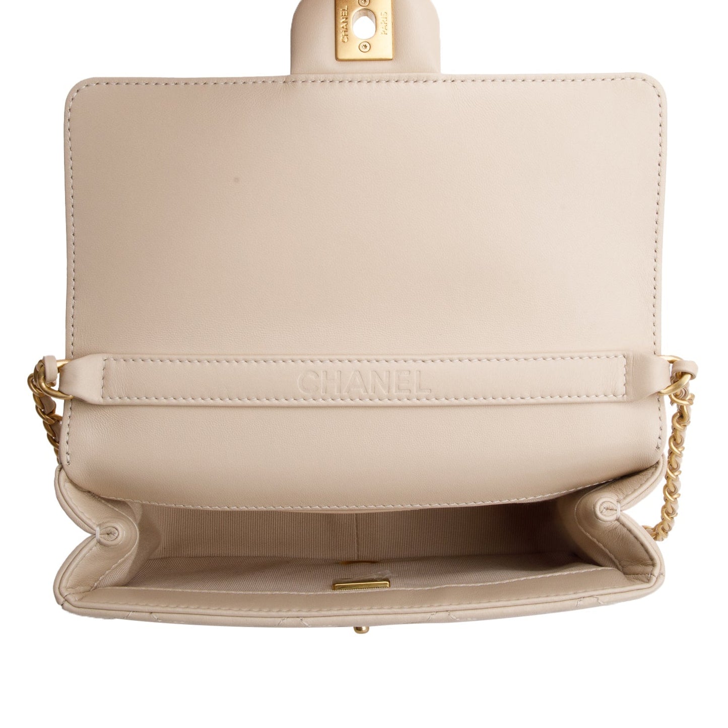 Chanel 2025 Beige Quilted Lambskin Top Handle Flap Pearl Purse