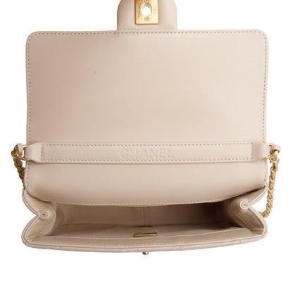 Chanel 2025 Beige Quilted Lambskin Top Handle Flap Pearl Purse