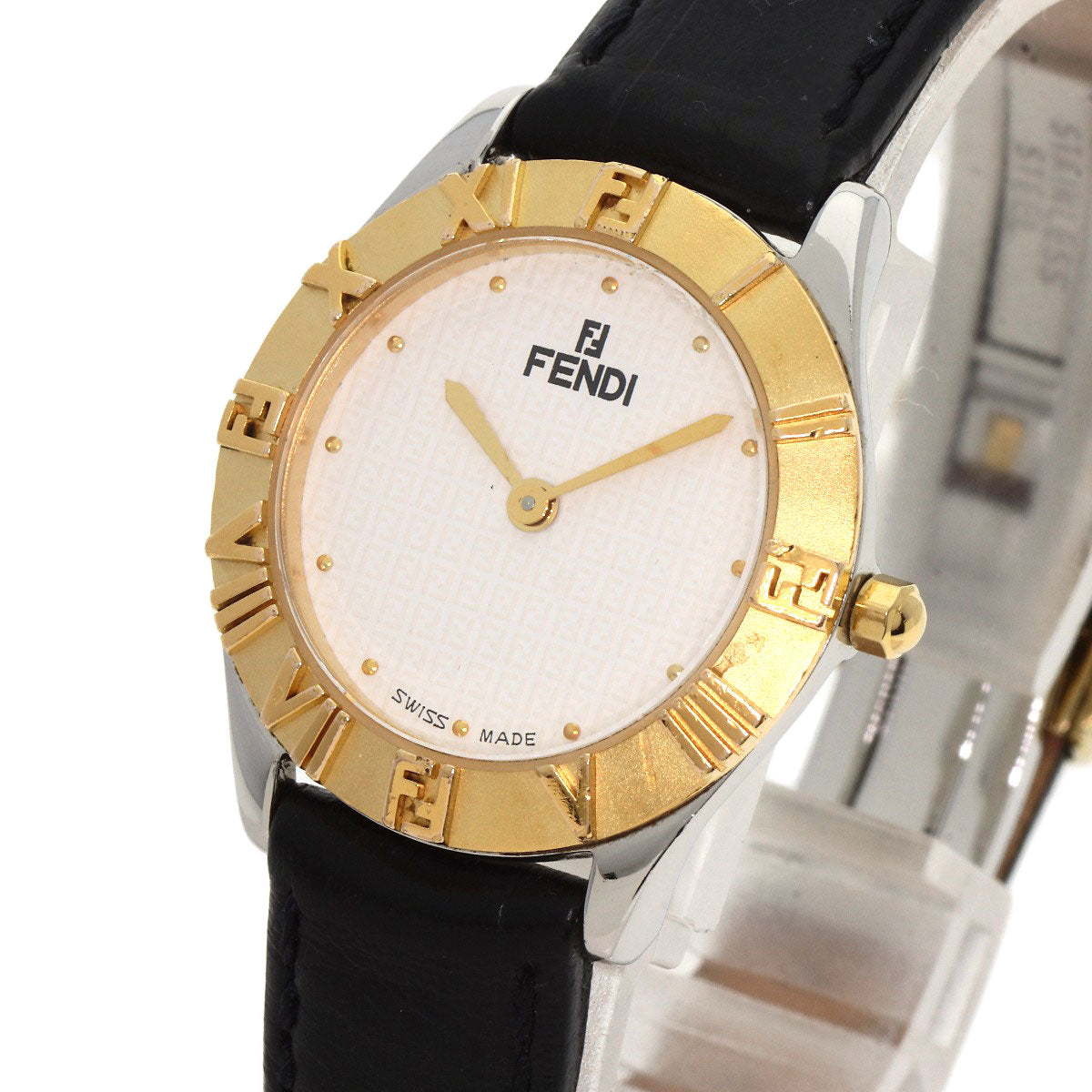 FENDI Watches Quartz 2000L Stainless Steel, Leather, Gold Plated gold Round face white dial Women