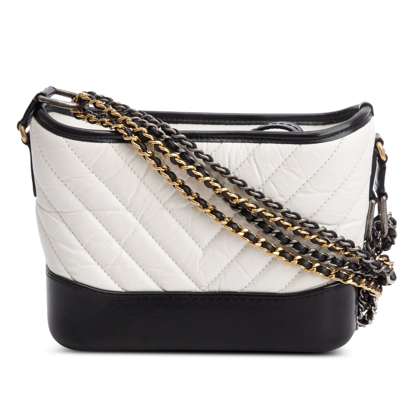 Chanel Black & White Aged Calfskin Leather Chevron Quilted Small Gabrielle Hobo
