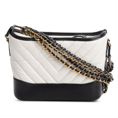 Chanel Black & White Aged Calfskin Leather Chevron Quilted Small Gabrielle Hobo