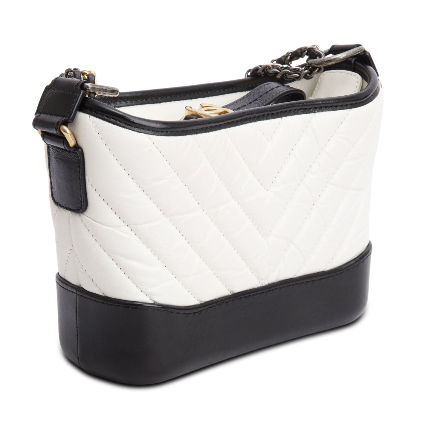Chanel Black & White Aged Calfskin Leather Chevron Quilted Small Gabrielle Hobo