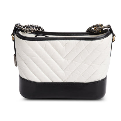 Chanel Black & White Aged Calfskin Leather Chevron Quilted Small Gabrielle Hobo