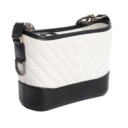 Chanel Black & White Aged Calfskin Leather Chevron Quilted Small Gabrielle Hobo