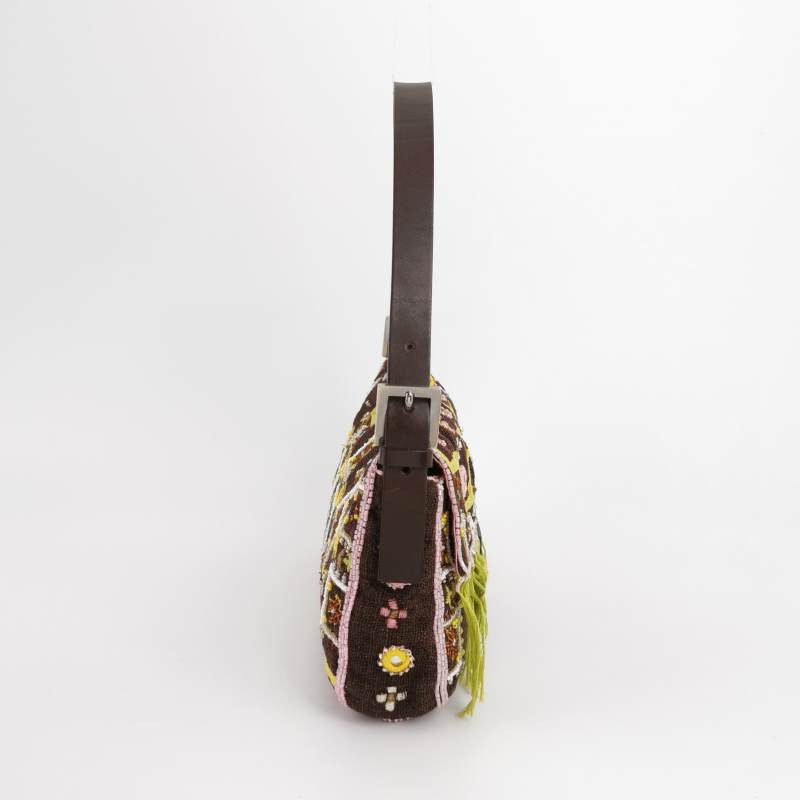 Fendi Baguette Vintage Brown Canvas with embroidery sequins mirrors and tassels