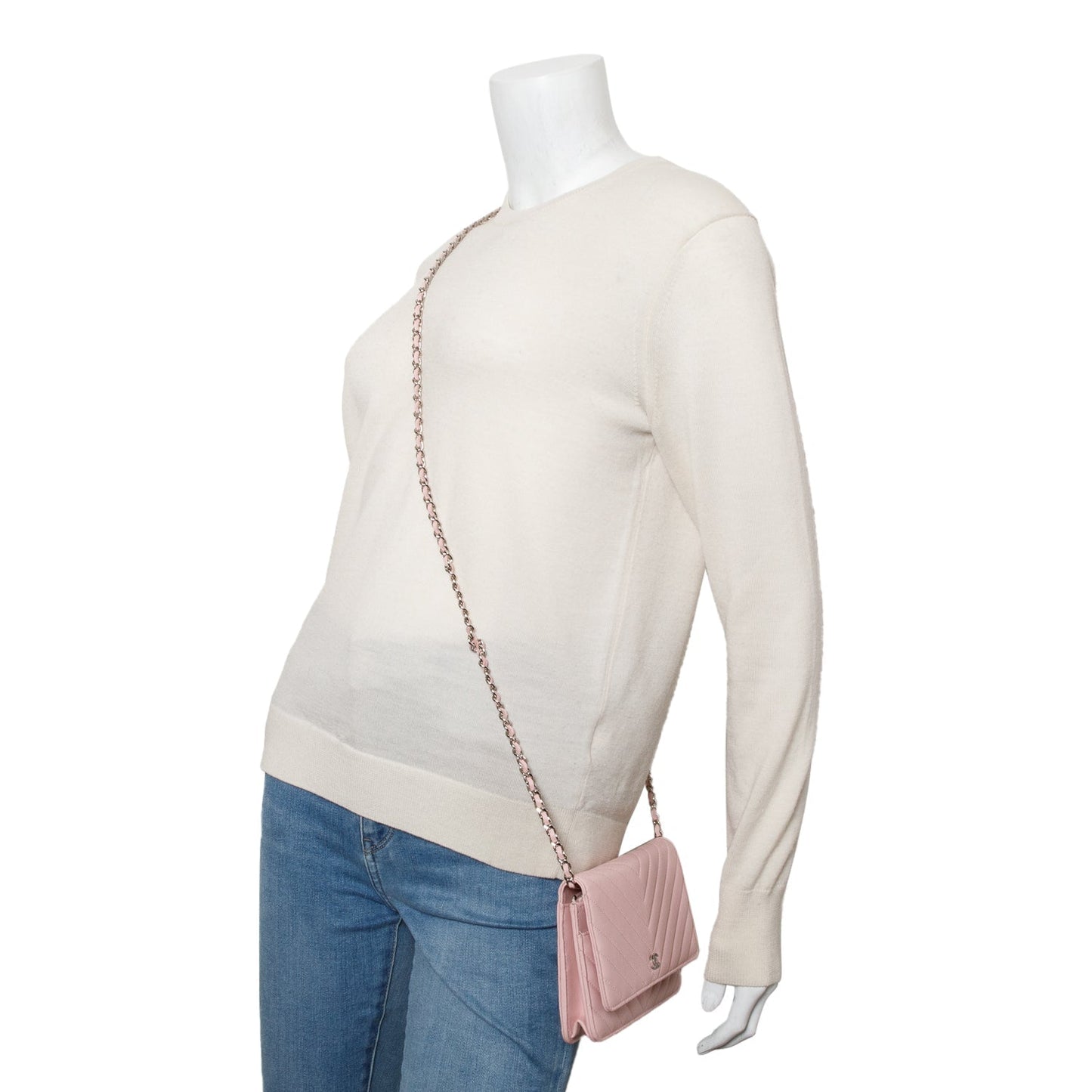 Chanel 2022 Pink Lambskin Chevron Quilted Wallet on Chain