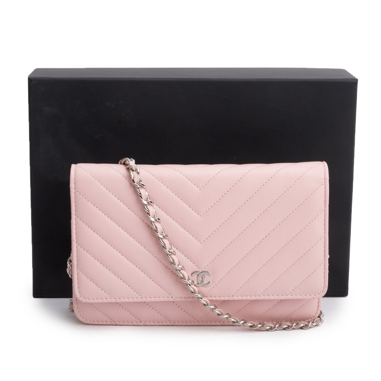 Chanel 2022 Pink Lambskin Chevron Quilted Wallet on Chain