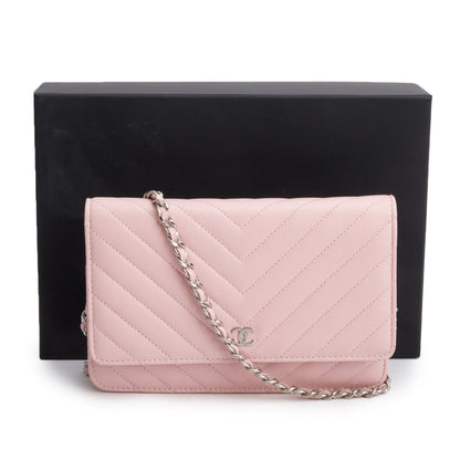 Chanel 2022 Pink Lambskin Chevron Quilted Wallet on Chain