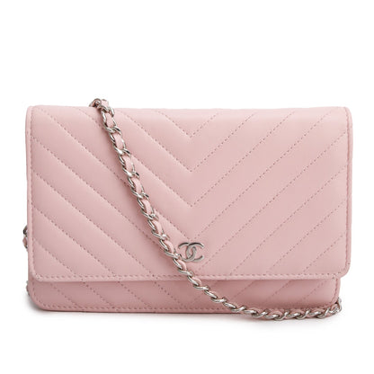 Chanel 2022 Pink Lambskin Chevron Quilted Wallet on Chain