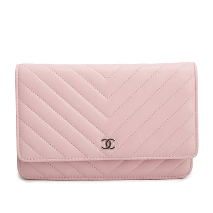 Chanel 2022 Pink Lambskin Chevron Quilted Wallet on Chain