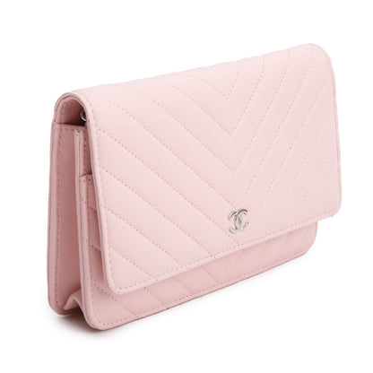 Chanel 2022 Pink Lambskin Chevron Quilted Wallet on Chain