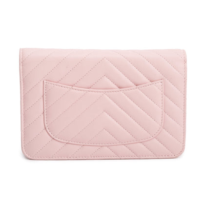 Chanel 2022 Pink Lambskin Chevron Quilted Wallet on Chain