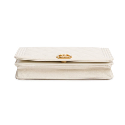 Chanel White Caviar Quilted Boy Wallet on Chain