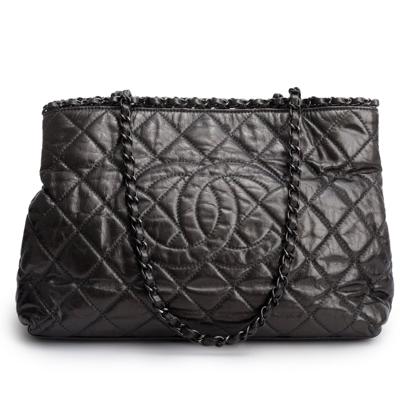 Chanel Metallic Grey Aged Calfskin Quilted Small Chain Tote