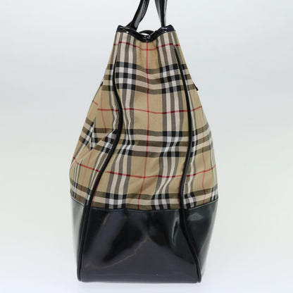 Luxury BurberrySs Nova Check Blue Label Tote Bag Canvas Beige Black Auth 71014