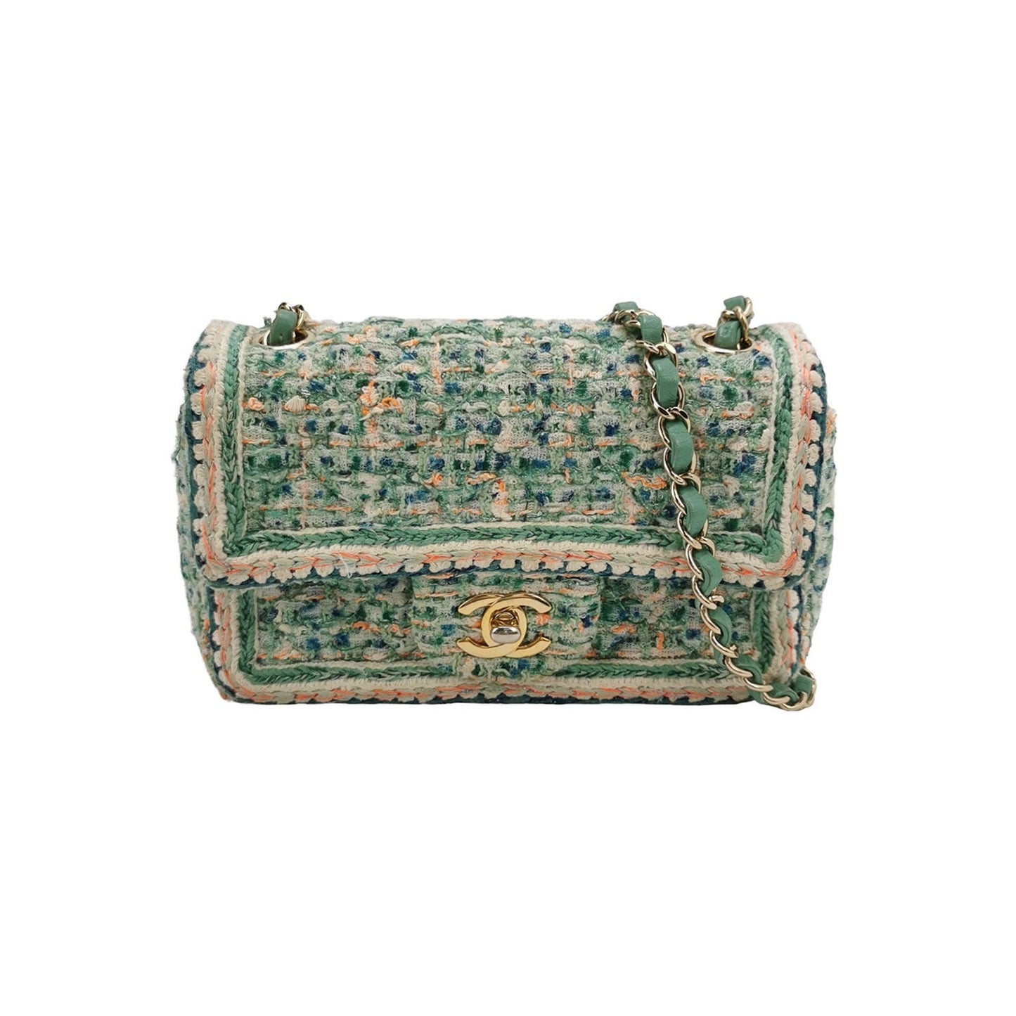 Chanel Classic Flap Mini Rectangular Tweed Green Multicolor Gold Hardware 2018-19