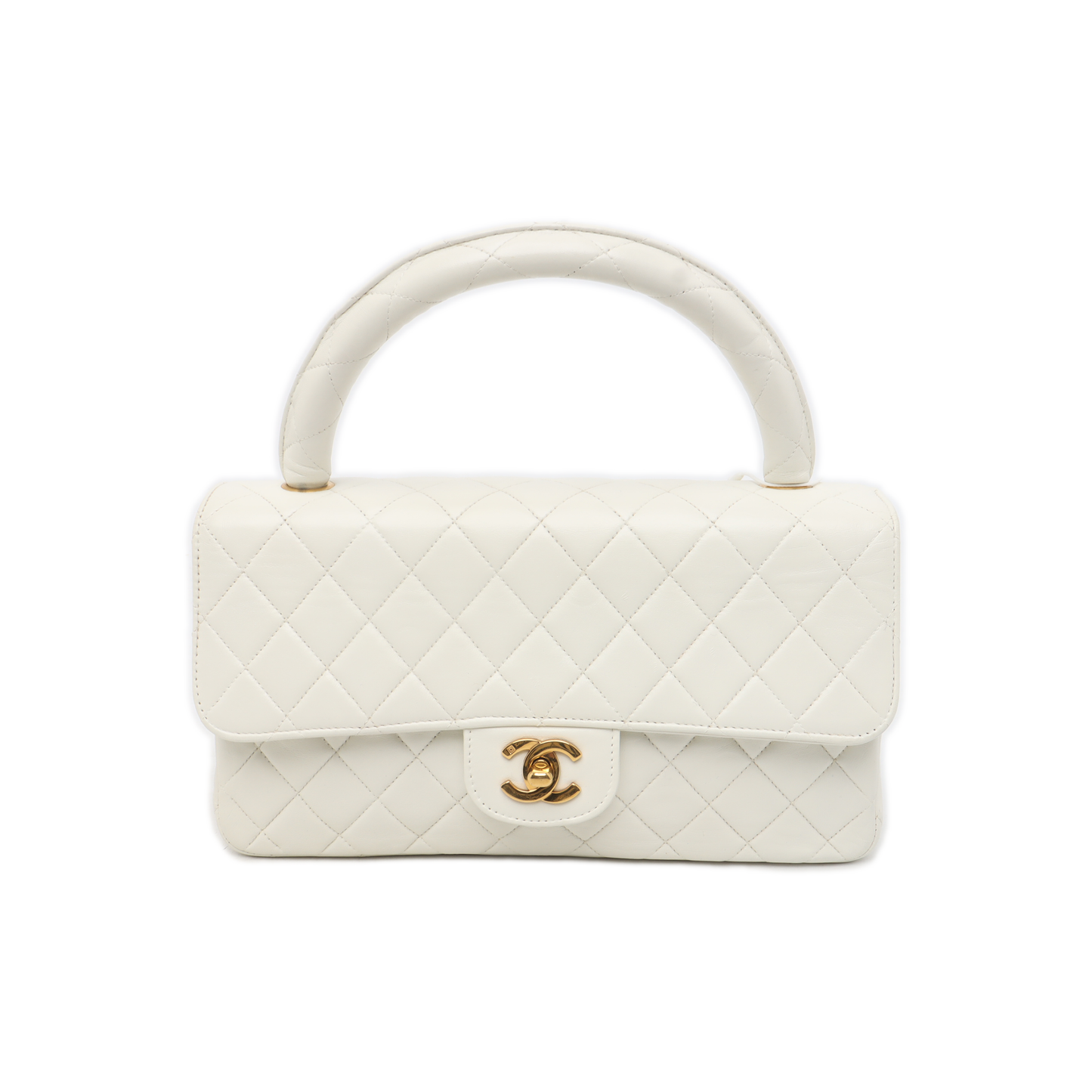 Chanel Kelly Parent Top Handle Flap Bag Medium White Lambskin Leather Gold Hardware 1991-1994