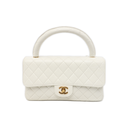 Chanel Kelly Parent Top Handle Flap Bag Medium White Lambskin Leather Gold Hardware 1991-1994