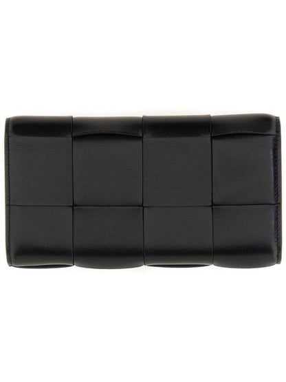 Luxury Bottega Veneta Cassette Flap Leather Long Wallet Black