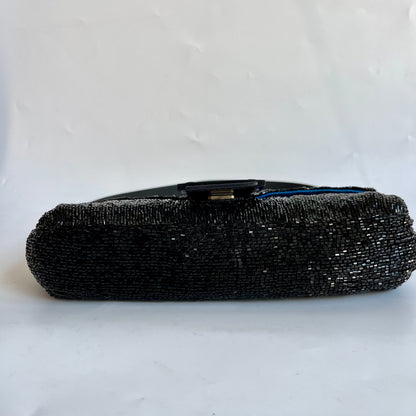Fendi Baguette Vintage Black Glitter Beads Shoulder Bag Blue Silk Interior