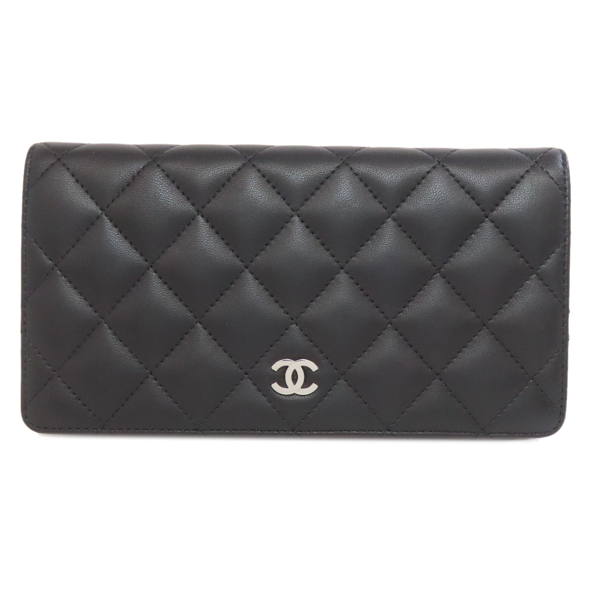 CHANEL Long Wallet Purse lambskin black Matelasse SilverMetal
