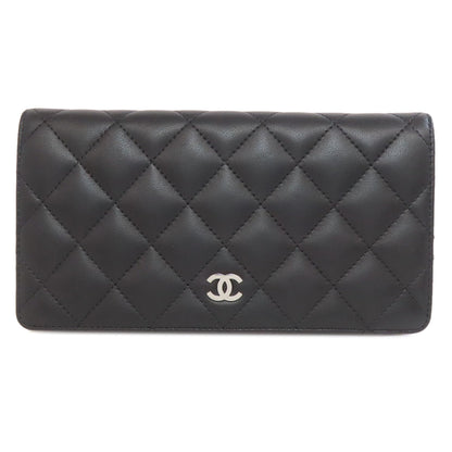 CHANEL Long Wallet Purse lambskin black Matelasse SilverMetal