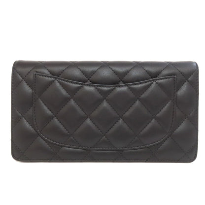 CHANEL Long Wallet Purse lambskin black Matelasse SilverMetal