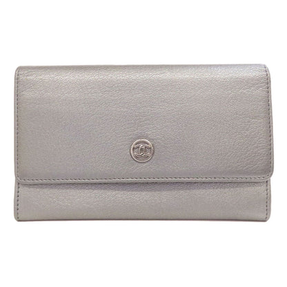 CHANEL Long Wallet Purse Calfskin Silver COCO Mark SilverMetal