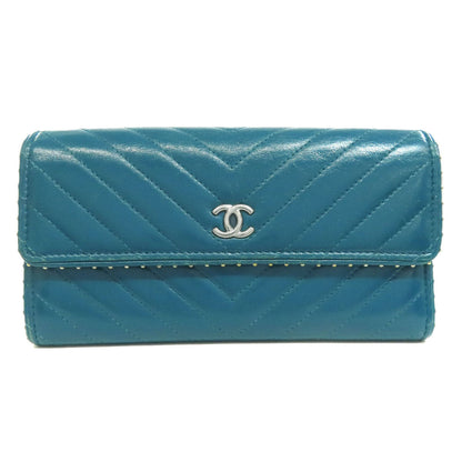 CHANEL Long Wallet Purse Calfskin blue Vstitch COCO Mark SilverMetal