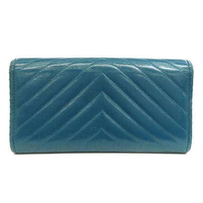 CHANEL Long Wallet Purse Calfskin blue Vstitch COCO Mark SilverMetal